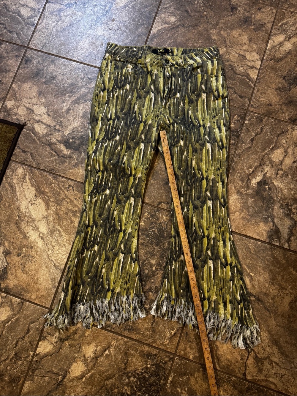 L&B Olive & Black Patterned Flare Jeans with Fringe Hem